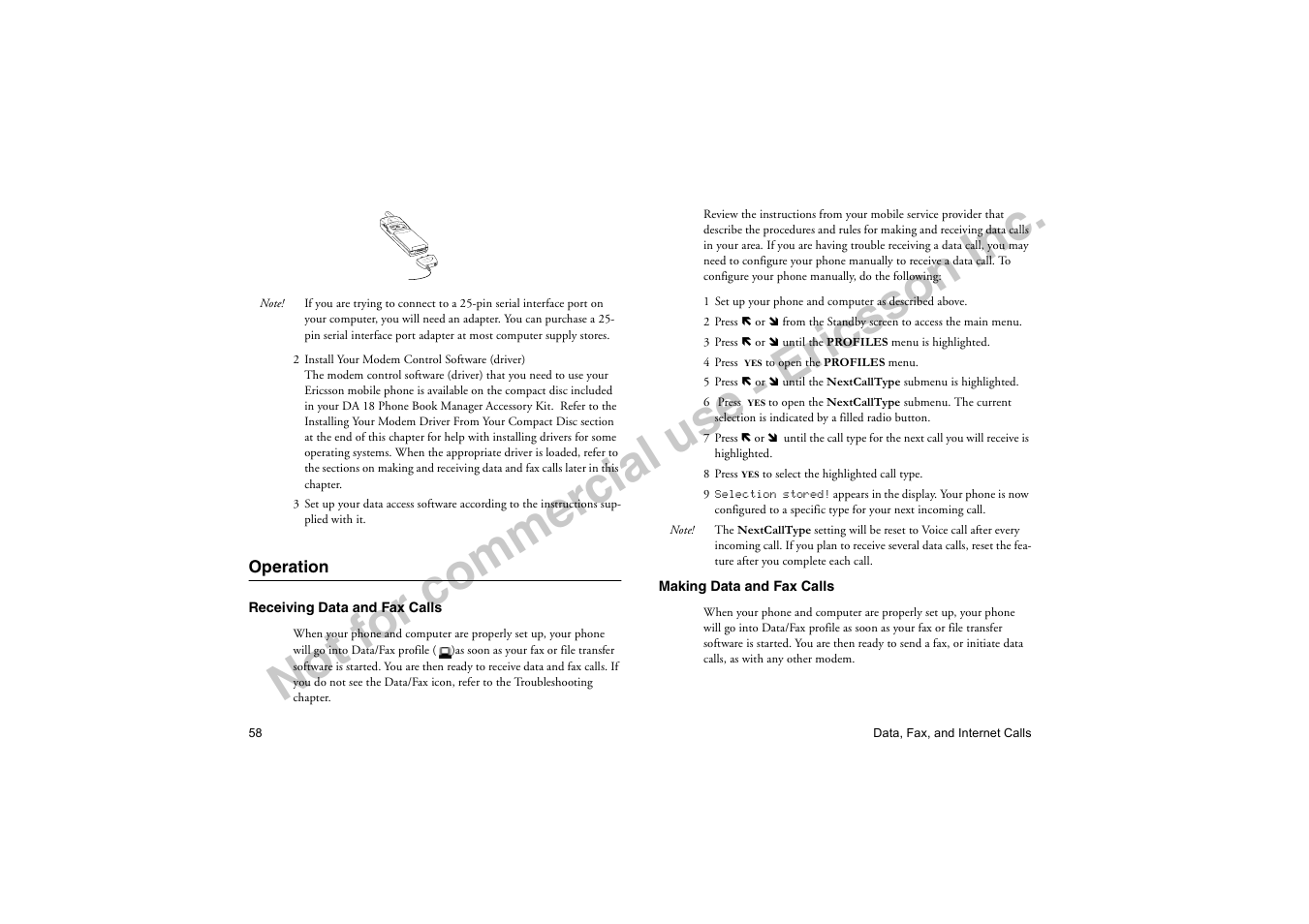 Operation, No t f or co m m er cia l u se - e ric ss on in c | Ericsson T18di User Manual | Page 62 / 84