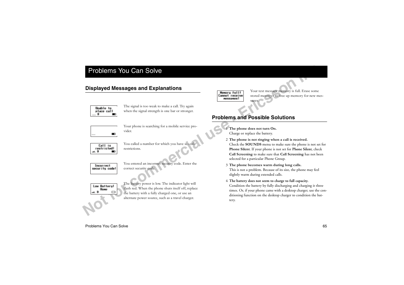 Problems you can solve, Displayed messages and explanations, Problems and possible solutions | No t f or co m m er cia l u se - e ric ss on in c | Ericsson T18di User Manual | Page 69 / 84