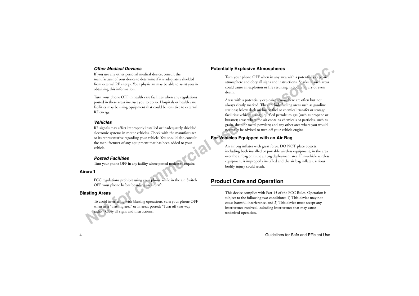 Product care and operation, No t f or co m m er cia l u se - e ric ss on in c | Ericsson T18di User Manual | Page 8 / 84