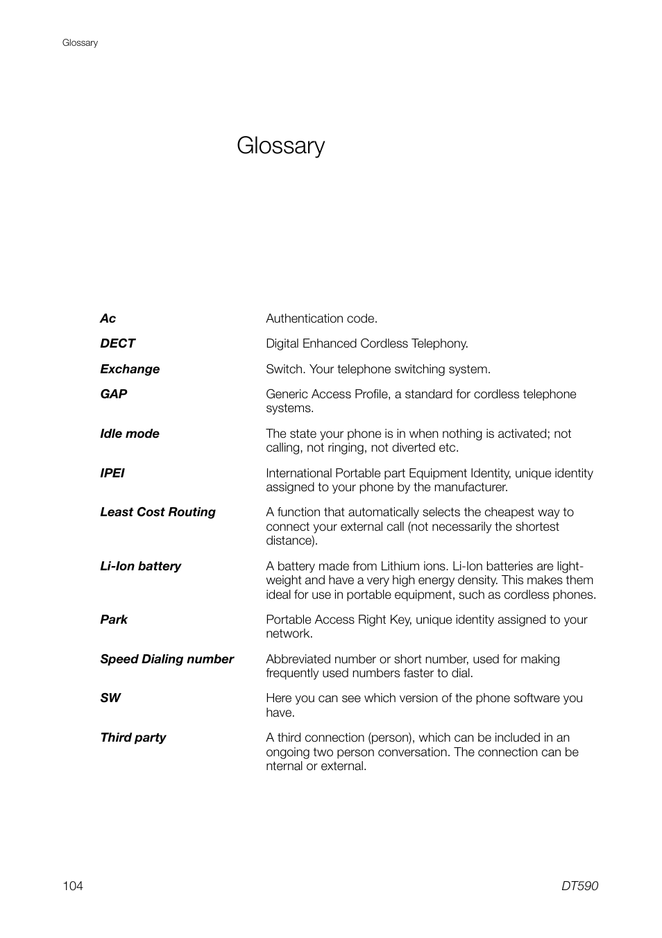 Glossary | Ericsson DT59C User Manual | Page 104 / 108