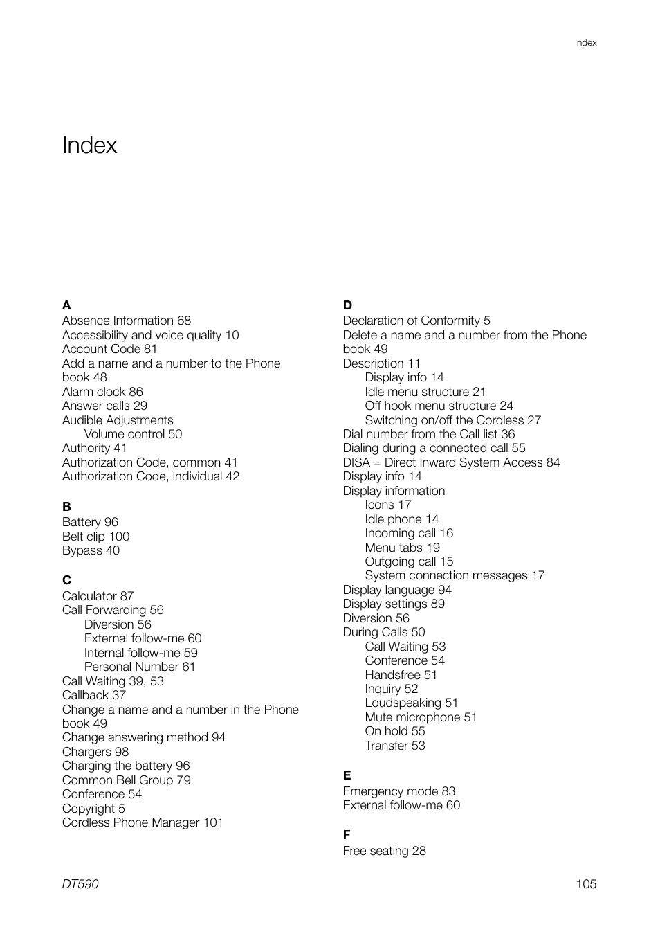 Index | Ericsson DT59C User Manual | Page 105 / 108