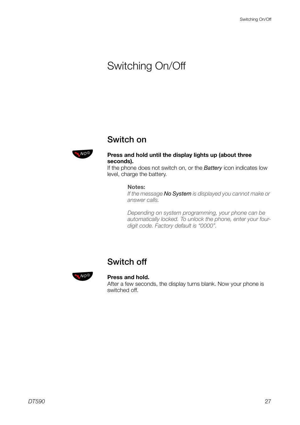 Switching on/off, Switch on, Switch off | Ericsson DT59C User Manual | Page 27 / 108