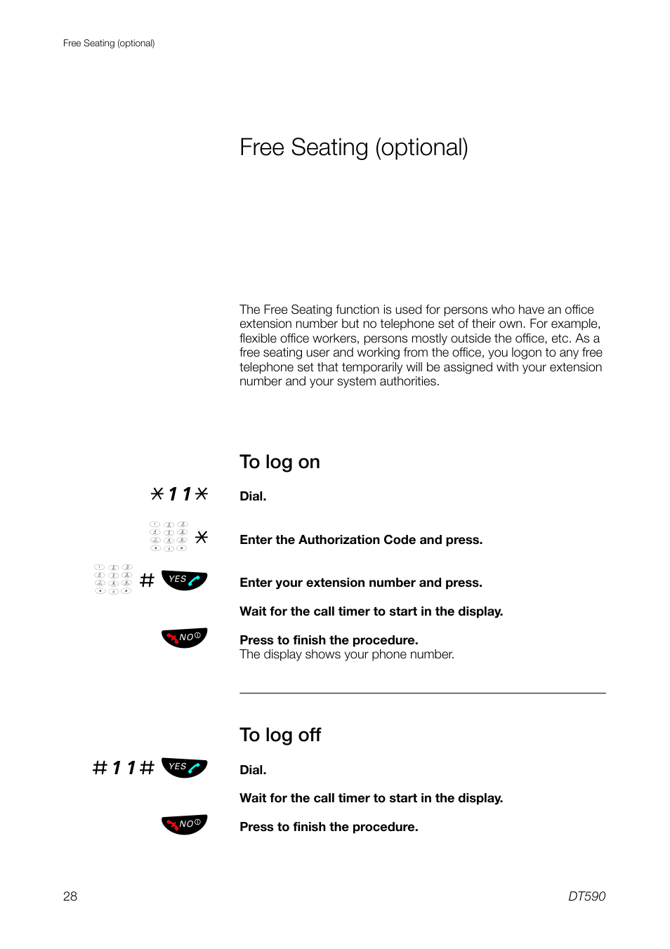 Free seating (optional), To log on, To log off | 11# ь ы | Ericsson DT59C User Manual | Page 28 / 108