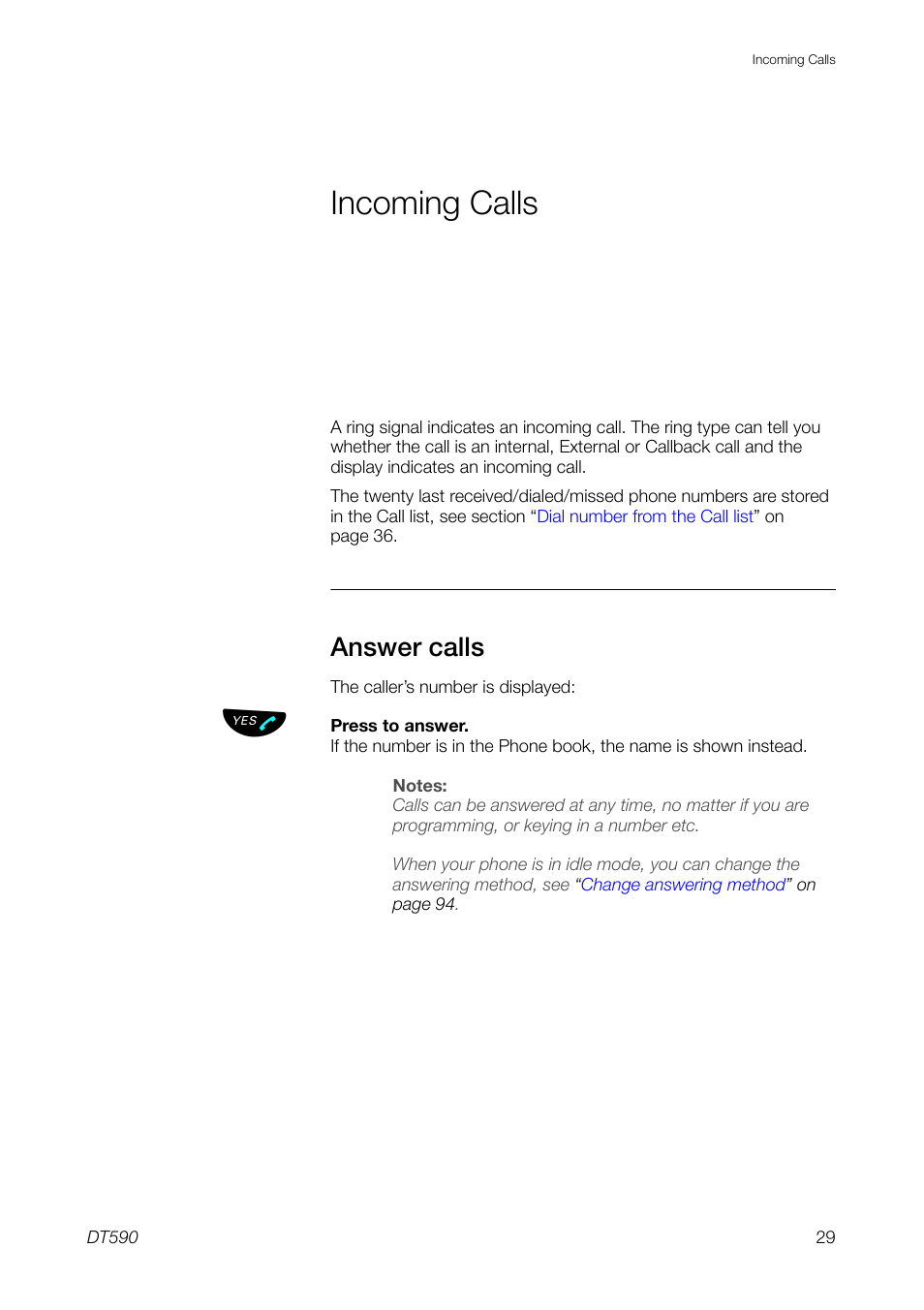 Incoming calls, Answer calls | Ericsson DT59C User Manual | Page 29 / 108