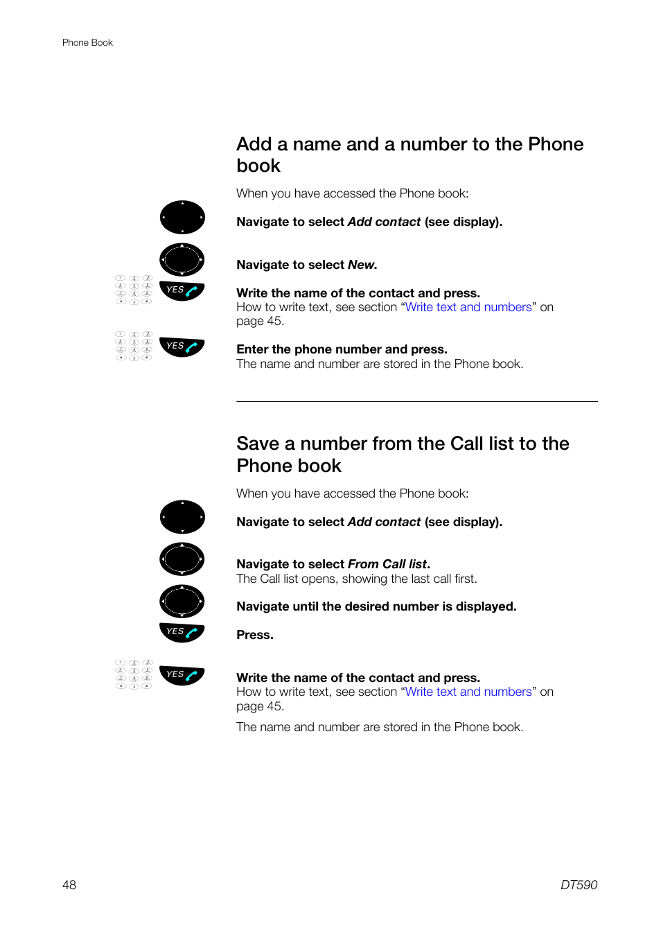 Add a name and a number to the phone book, Save a number from the call list to the phone book, Section | Save a number from the call list to the phone, Book | Ericsson DT59C User Manual | Page 48 / 108