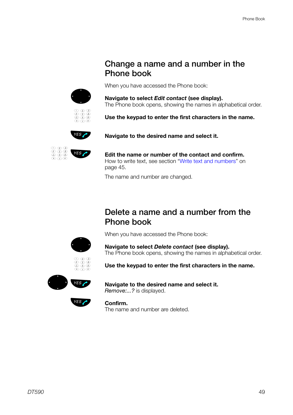 Change a name and a number in the phone book, Delete a name and a number from the phone book, ºь ы | Ericsson DT59C User Manual | Page 49 / 108