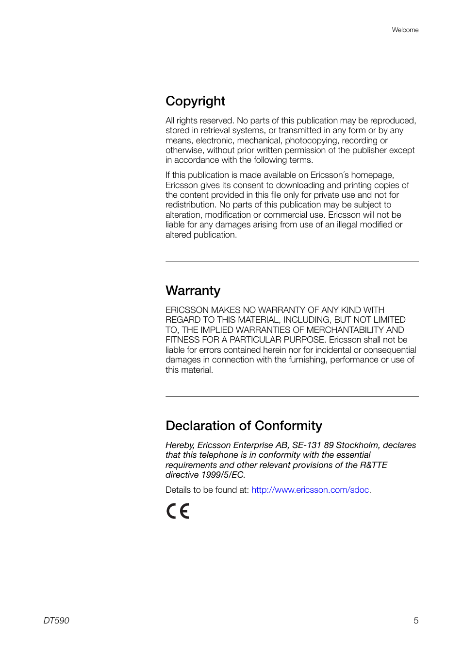 Copyright, Warranty, Declaration of conformity | Ericsson DT59C User Manual | Page 5 / 108