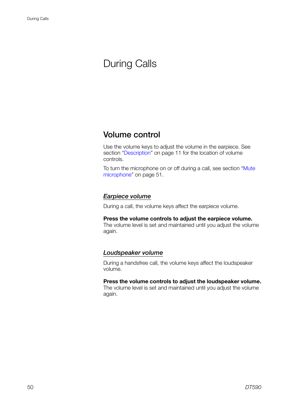 During calls, Volume control, Volume | Control, Section | Ericsson DT59C User Manual | Page 50 / 108