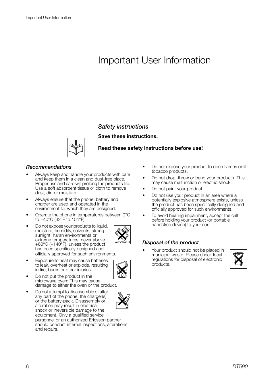 Important user information, Safety instructions | Ericsson DT59C User Manual | Page 6 / 108