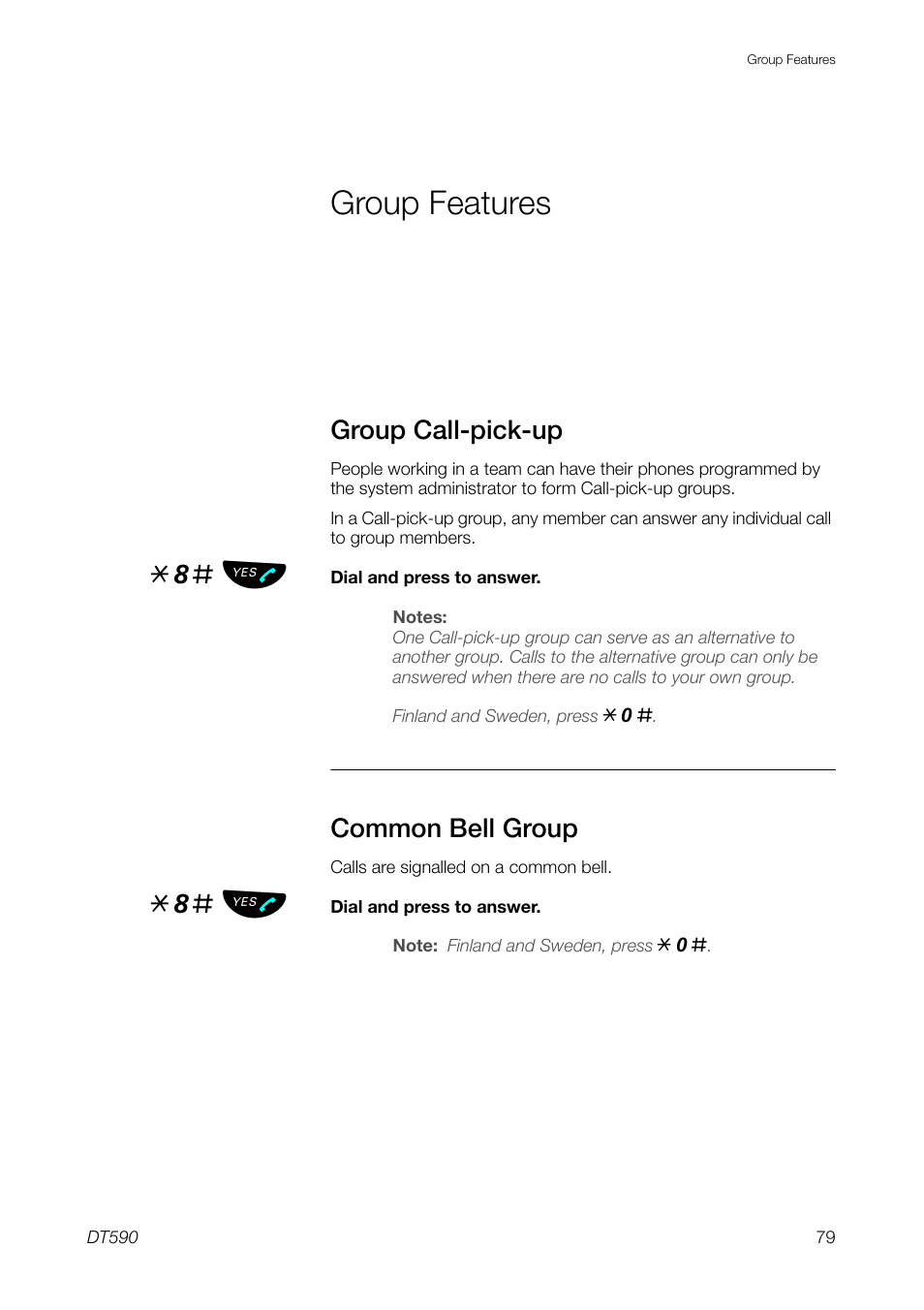 Group features, Group call-pick-up, Common bell group | 8# ь ы | Ericsson DT59C User Manual | Page 79 / 108