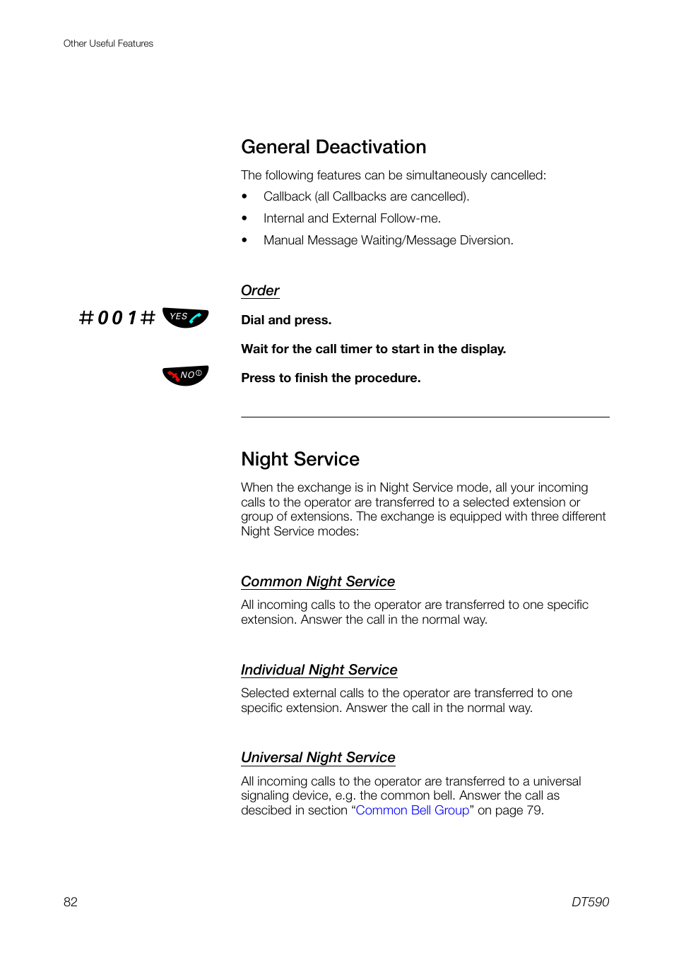 General deactivation, Night service, 001# ь ы | Ericsson DT59C User Manual | Page 82 / 108