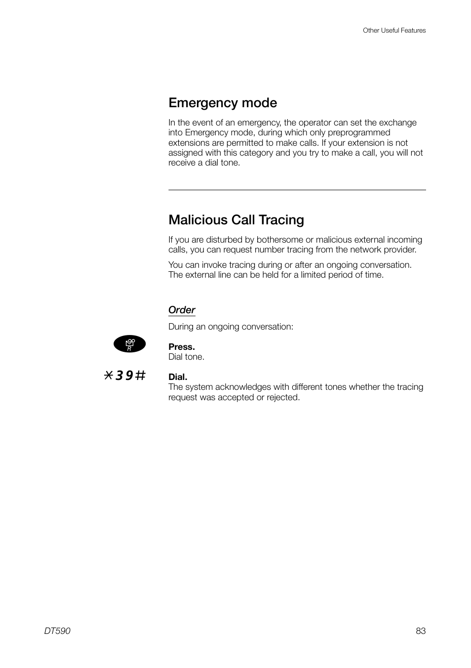 Emergency mode, Malicious call tracing | Ericsson DT59C User Manual | Page 83 / 108