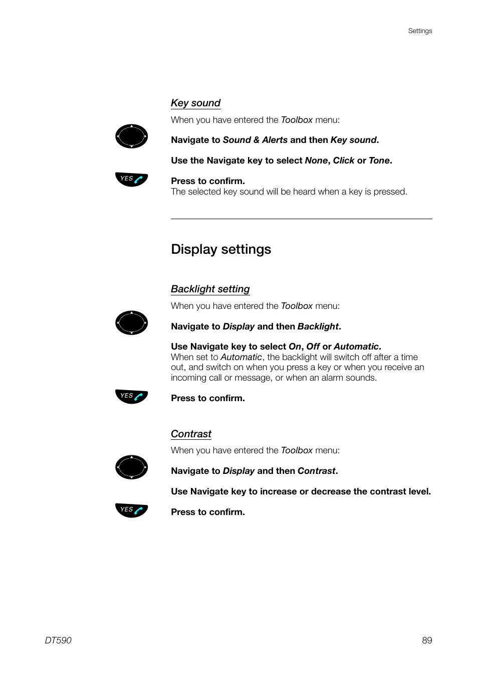 Display settings | Ericsson DT59C User Manual | Page 89 / 108