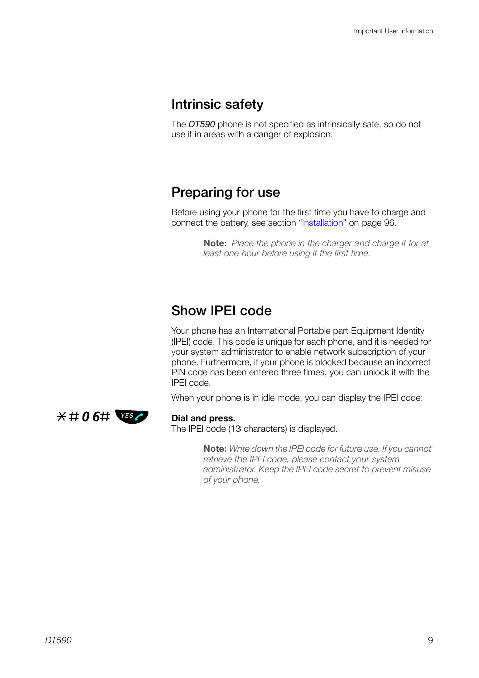 Intrinsic safety, Preparing for use, Show ipei code | 06# ь ы | Ericsson DT59C User Manual | Page 9 / 108