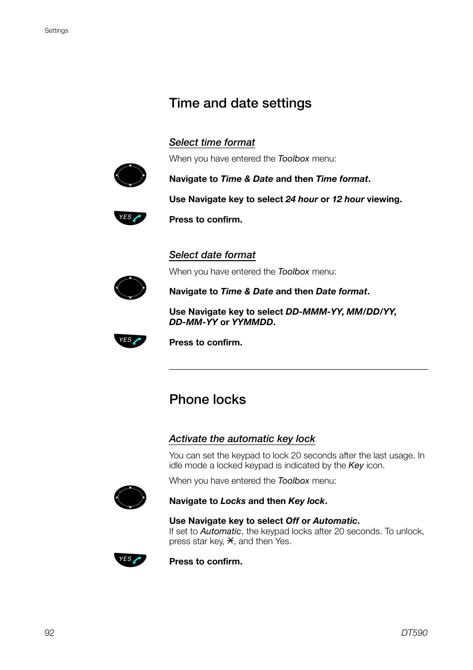 Time and date settings, Phone locks, See section | Phone, Locks, Time and, Date settings | Ericsson DT59C User Manual | Page 92 / 108