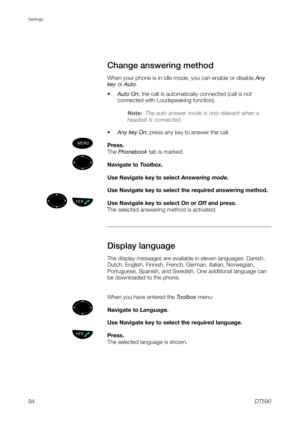 Change answering method, Display language, ºь ы | Ericsson DT59C User Manual | Page 94 / 108