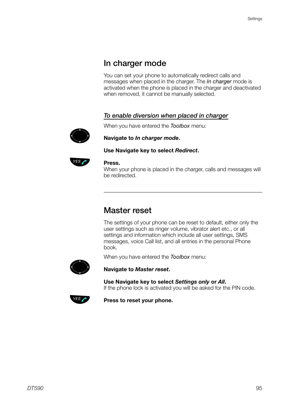 In charger mode, Master reset, Tion is | Ericsson DT59C User Manual | Page 95 / 108