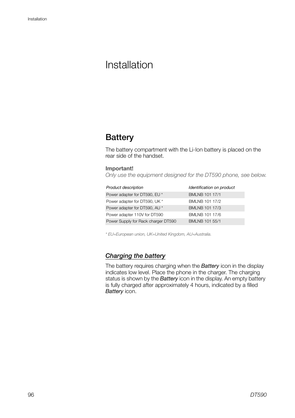 Installation, Battery, Charging the battery | Ericsson DT59C User Manual | Page 96 / 108