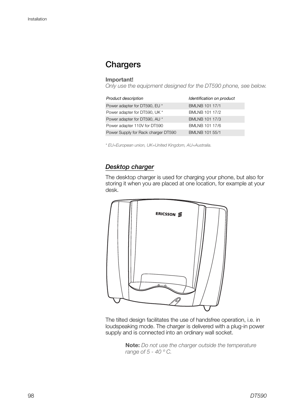 Chargers, Desktop charger | Ericsson DT59C User Manual | Page 98 / 108