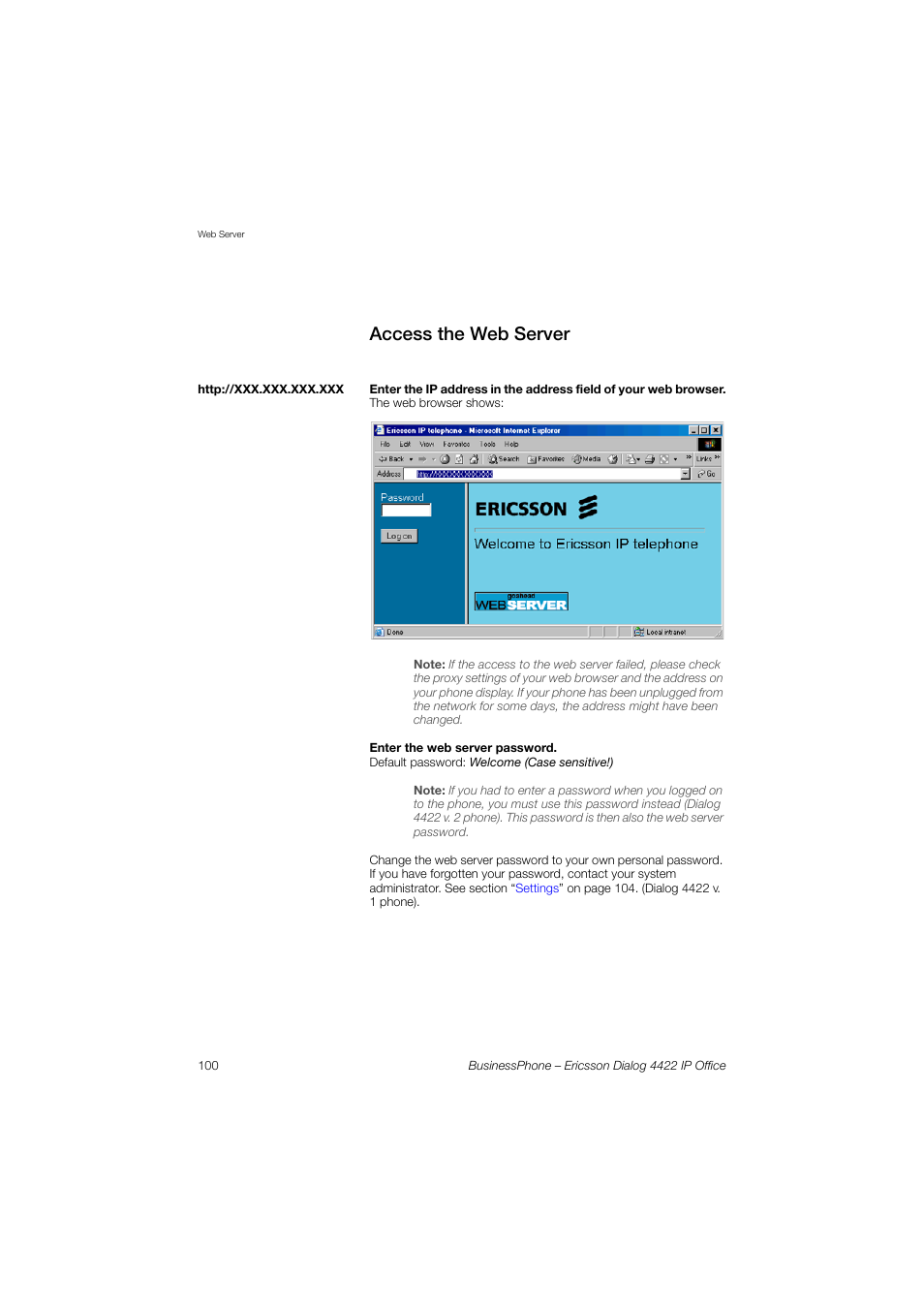 Access the web server | Ericsson 4422 User Manual | Page 100 / 128