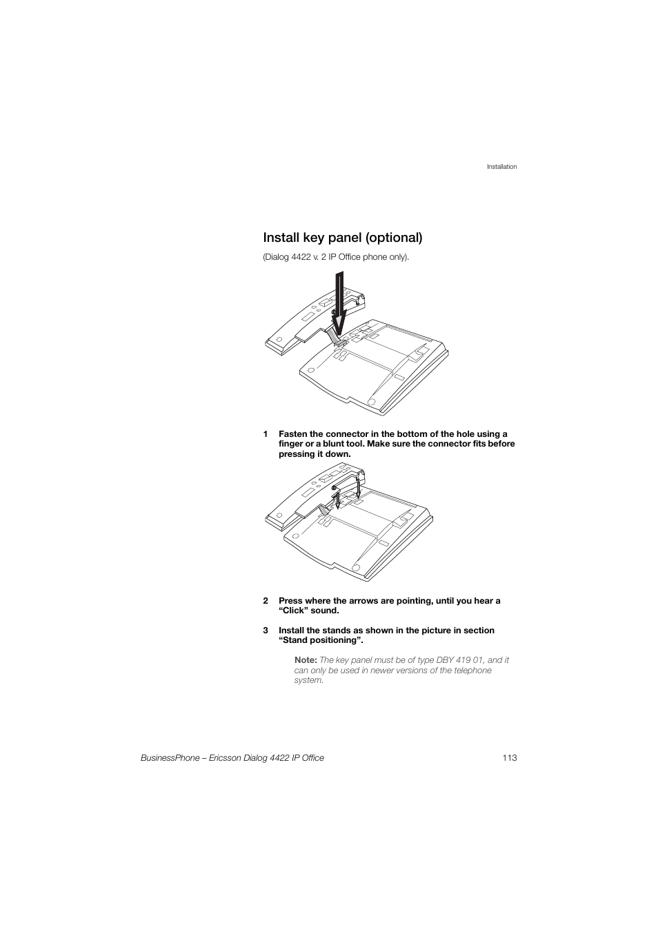 Install key panel (optional), E section | Ericsson 4422 User Manual | Page 113 / 128