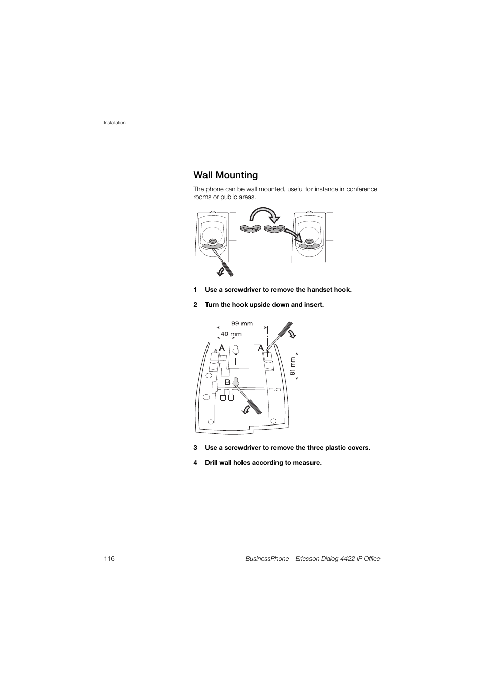 Wall mounting | Ericsson 4422 User Manual | Page 116 / 128
