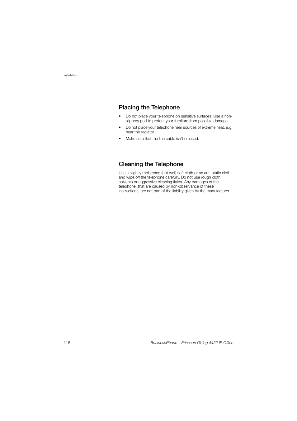 Placing the telephone, Cleaning the telephone | Ericsson 4422 User Manual | Page 118 / 128