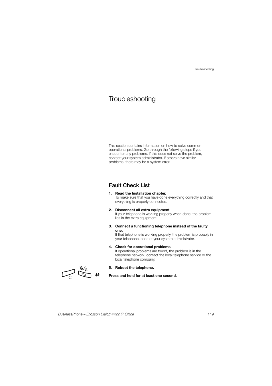 Troubleshooting, Fault check list | Ericsson 4422 User Manual | Page 119 / 128