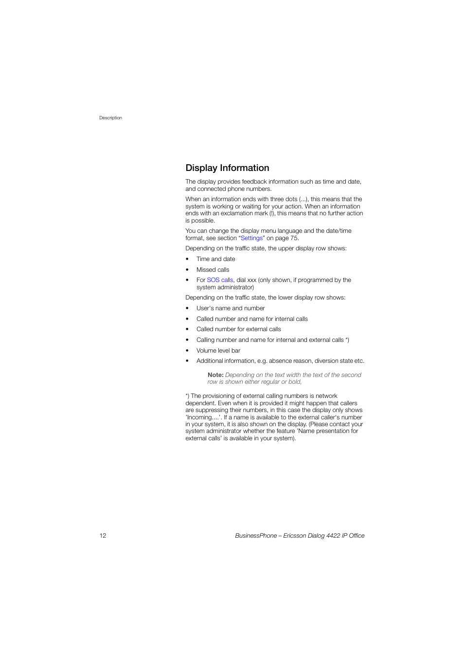 Display information, Display, Information | Ericsson 4422 User Manual | Page 12 / 128