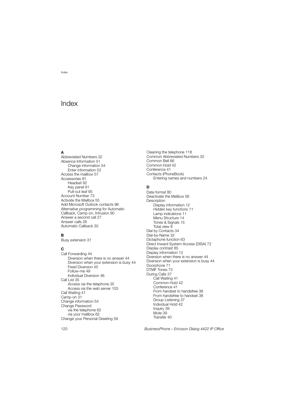 Index | Ericsson 4422 User Manual | Page 120 / 128