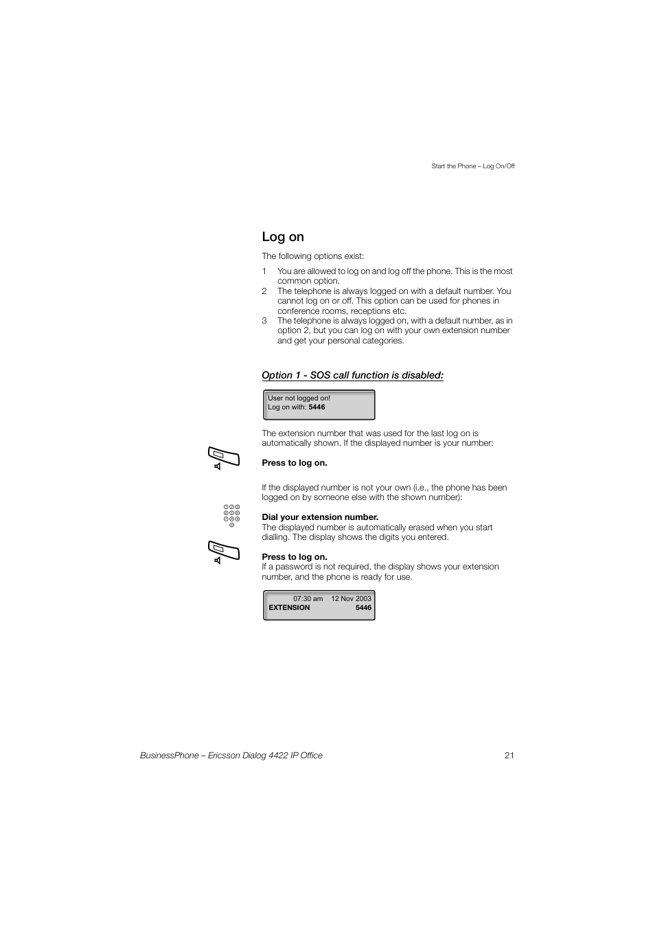 Log on, Option 1 - sos call function is disabled | Ericsson 4422 User Manual | Page 21 / 128