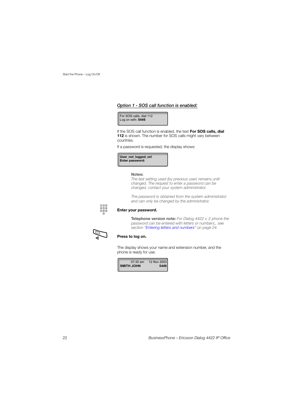 Option 1 - sos call function is enabled, Sos calls | Ericsson 4422 User Manual | Page 22 / 128