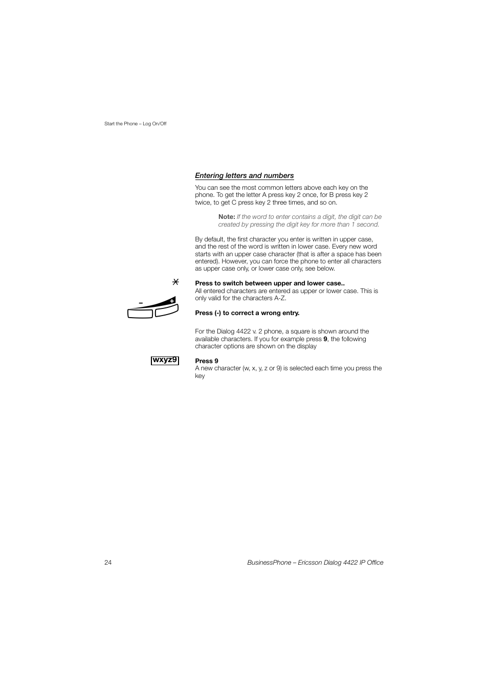 Entering letters and numbers, Section | Ericsson 4422 User Manual | Page 24 / 128