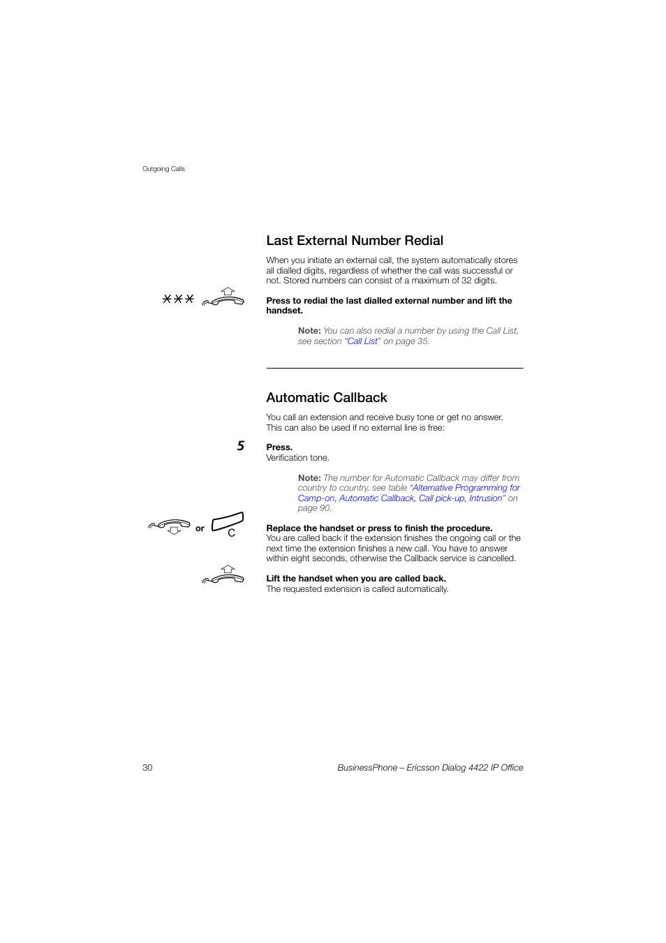 Last external number redial, Automatic callback | Ericsson 4422 User Manual | Page 30 / 128