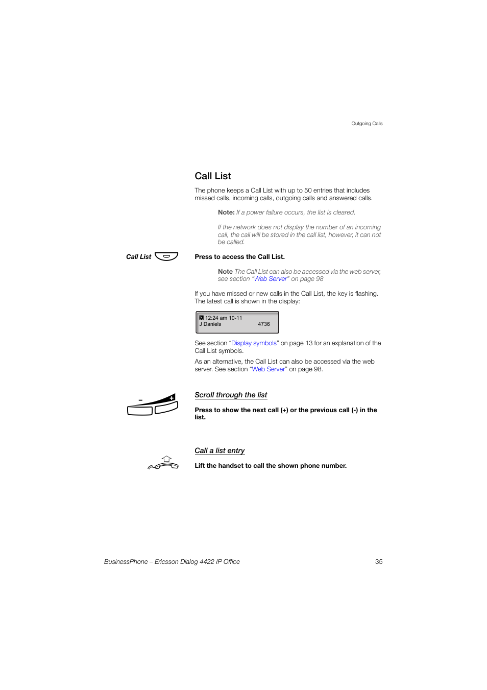 Call list, Scroll through the list, Call a list entry | D section | Ericsson 4422 User Manual | Page 35 / 128