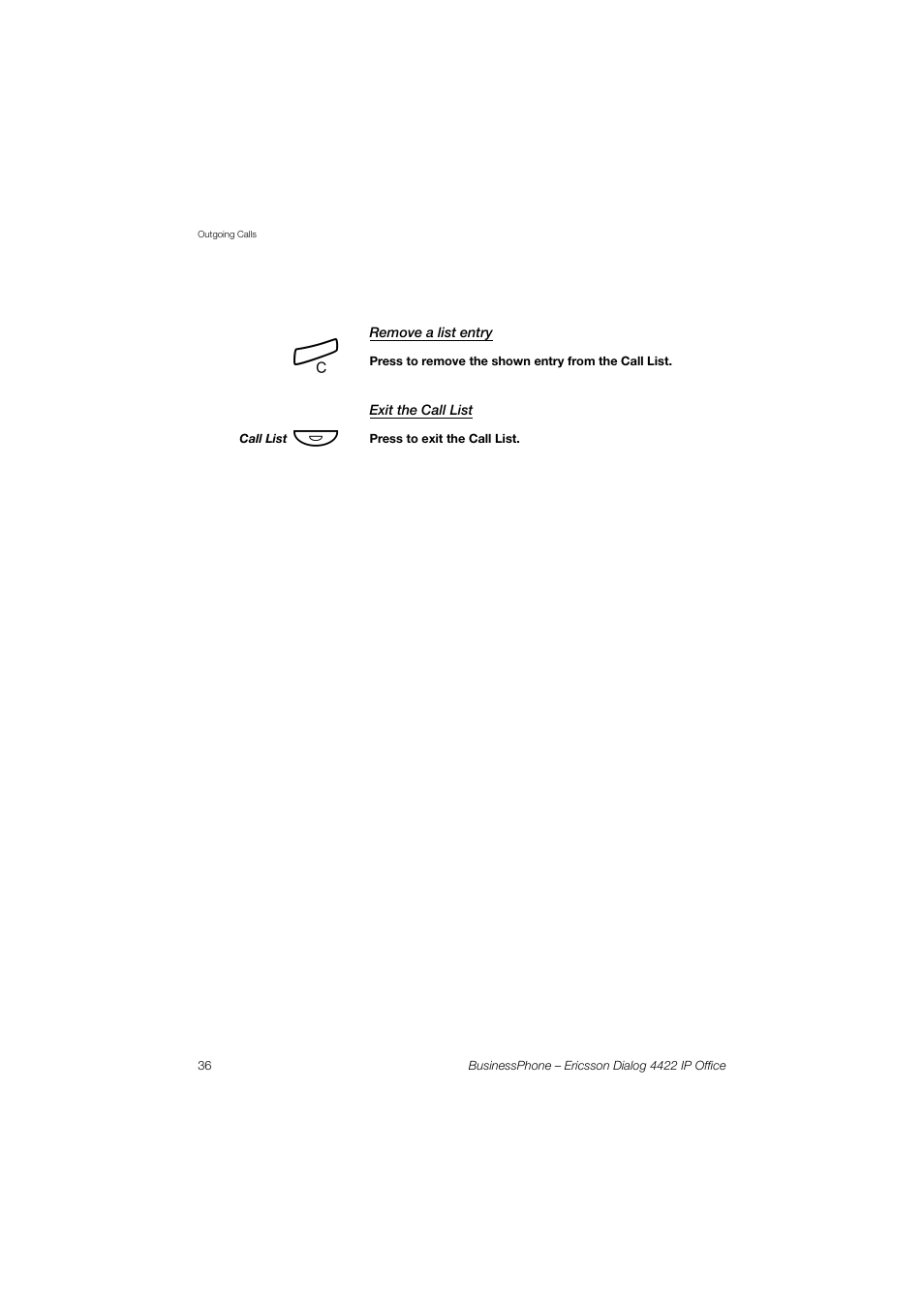 Remove a list entry, Exit the call list | Ericsson 4422 User Manual | Page 36 / 128