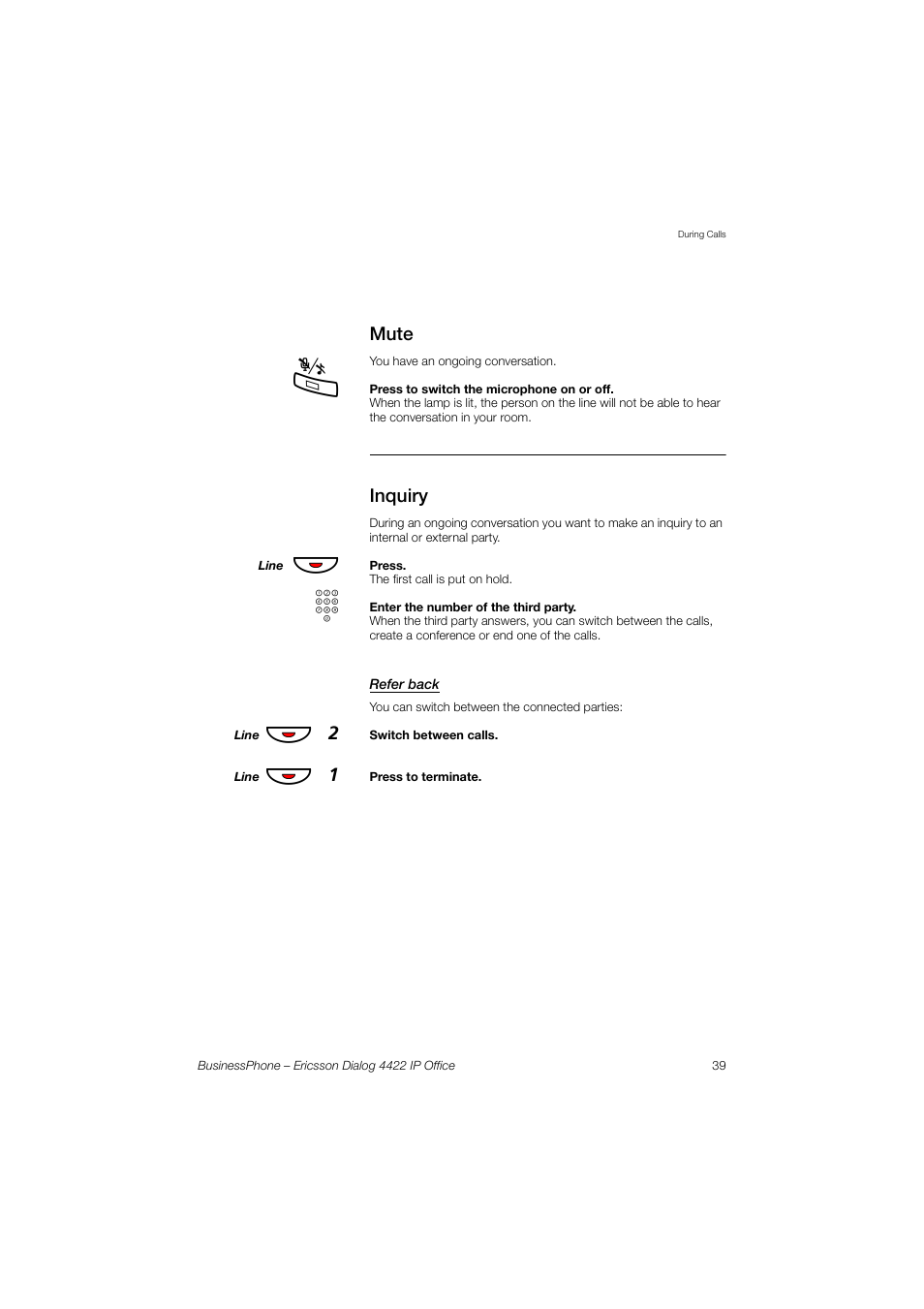 Mute, Inquiry, Refer back | Хф 2, Хф 1 | Ericsson 4422 User Manual | Page 39 / 128