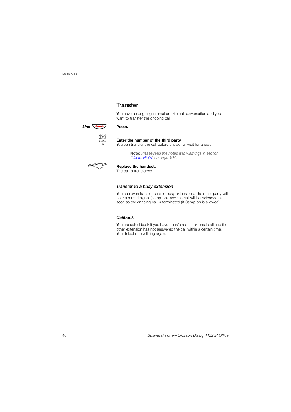 Transfer, Transfer to a busy extension, Callback | Ericsson 4422 User Manual | Page 40 / 128