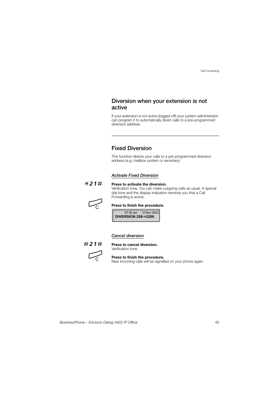 Diversion when your extension is not active, Fixed diversion, Activate fixed diversion | Cancel diversion, Diversion when your extension is, Not active | Ericsson 4422 User Manual | Page 45 / 128