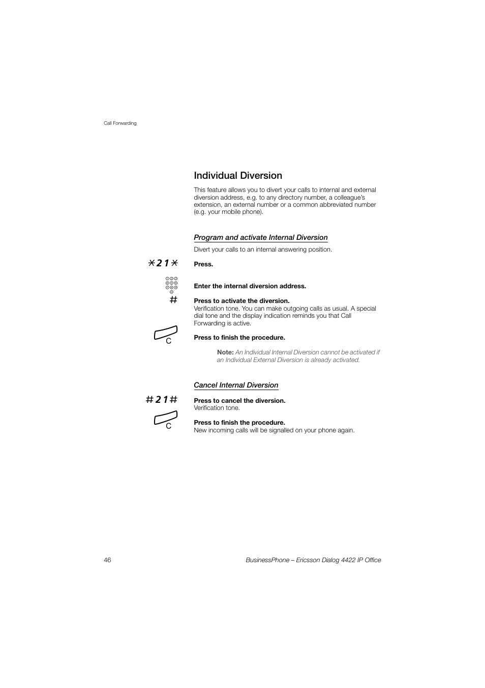 Individual diversion, Program and activate internal diversion, Cancel internal diversion | Ericsson 4422 User Manual | Page 46 / 128