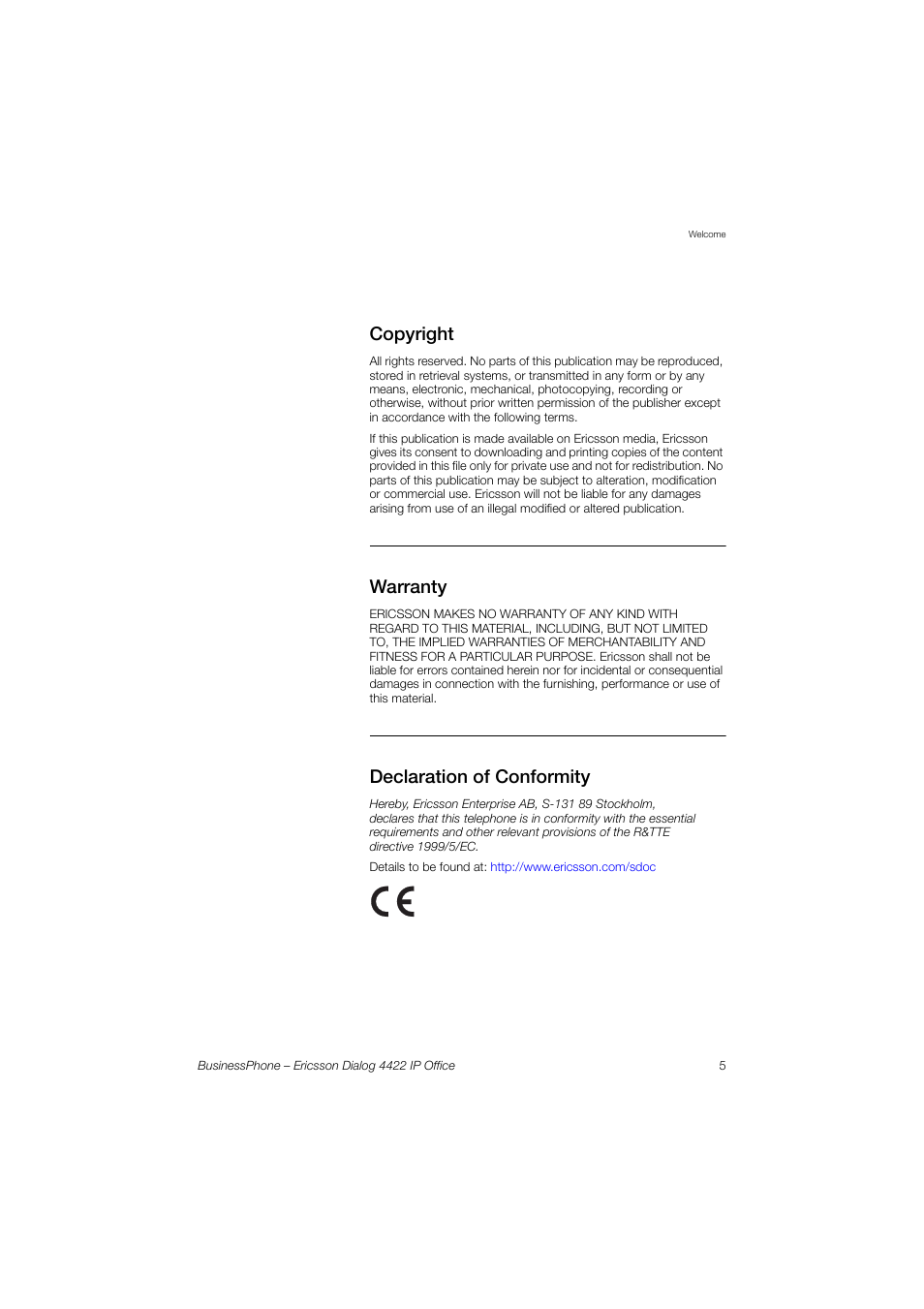 Copyright, Warranty, Declaration of conformity | Ericsson 4422 User Manual | Page 5 / 128