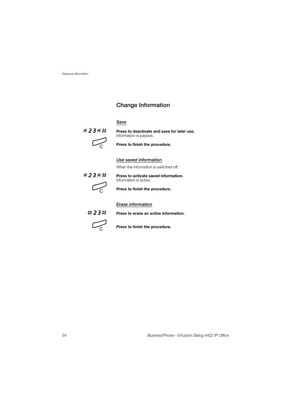 Change information, Save, Use saved information | Erase information | Ericsson 4422 User Manual | Page 54 / 128