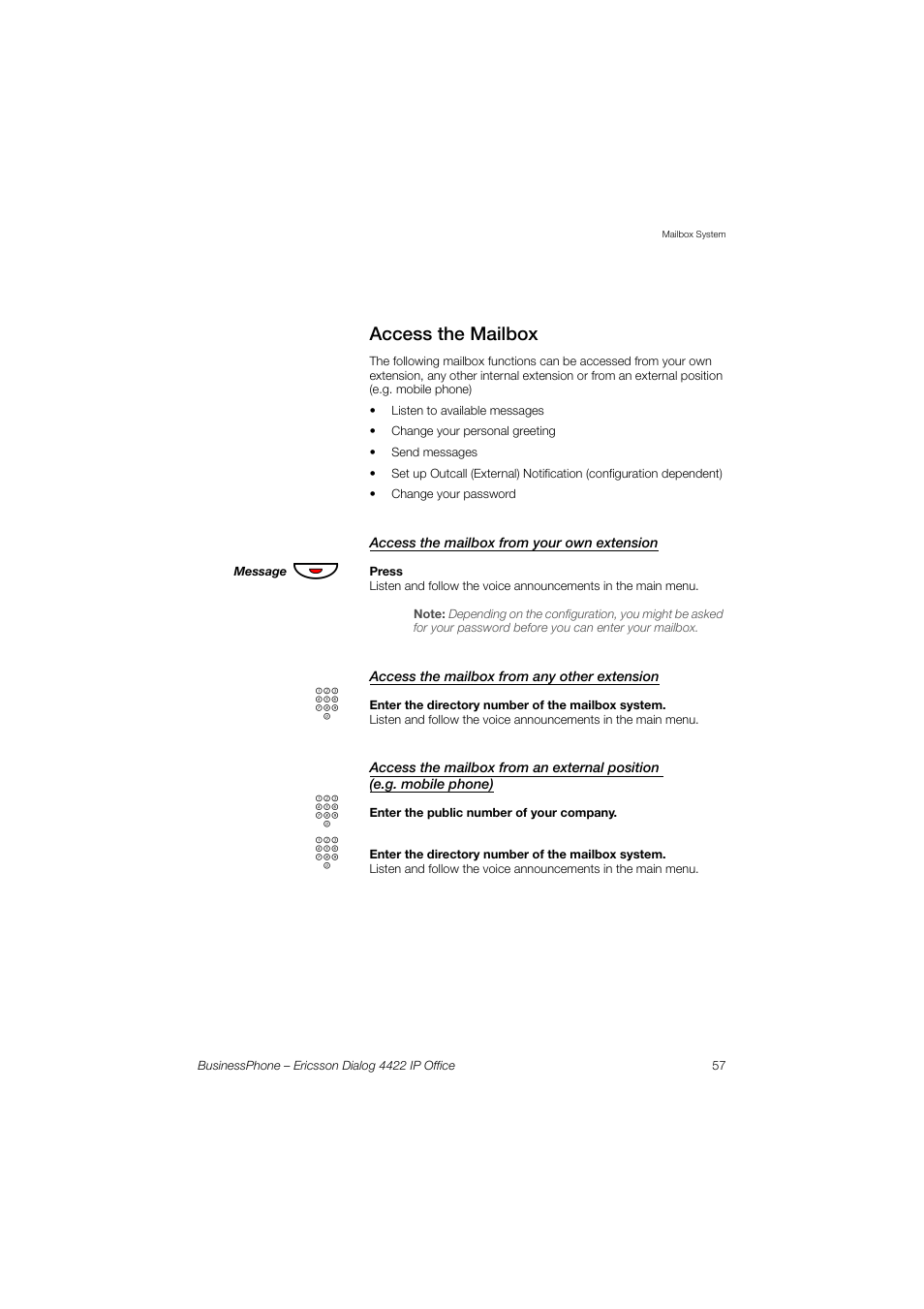 Access the mailbox, Access the mailbox from your own extension, Access the mailbox from any other extension | Ericsson 4422 User Manual | Page 57 / 128