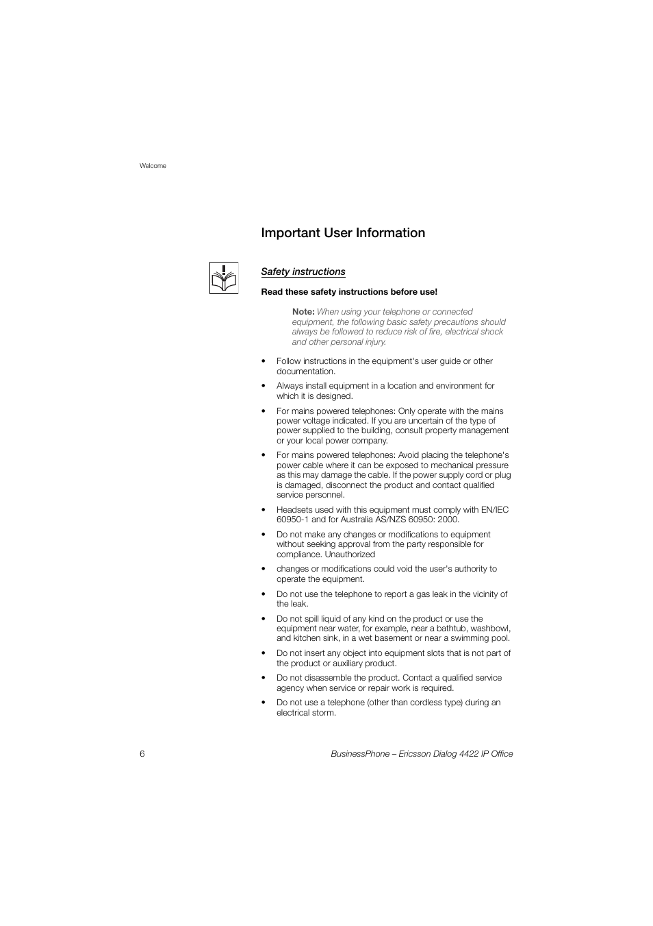 Important user information, Safety instructions | Ericsson 4422 User Manual | Page 6 / 128