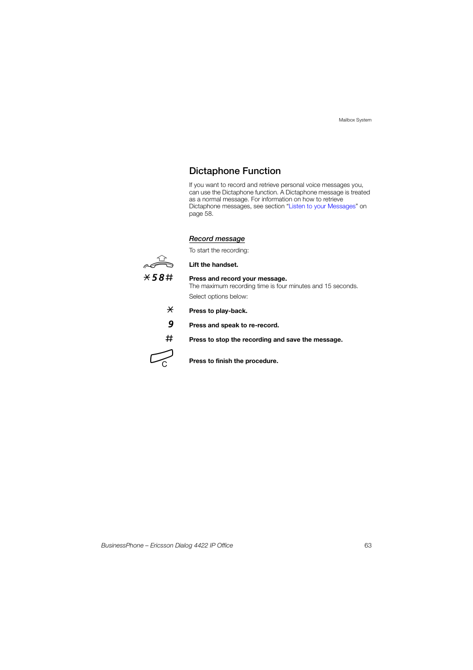 Dictaphone function, Record message | Ericsson 4422 User Manual | Page 63 / 128