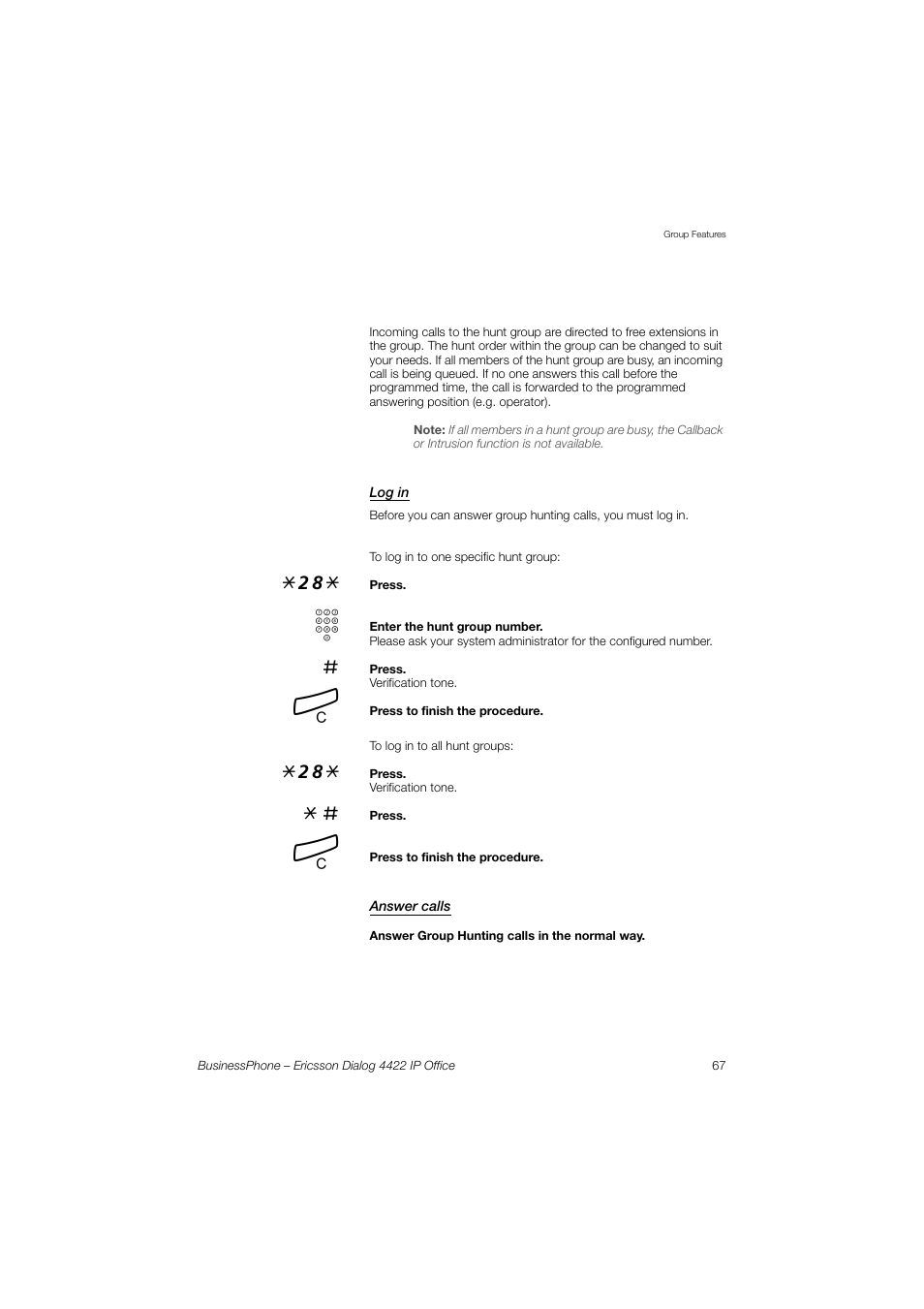 Log in, Answer calls | Ericsson 4422 User Manual | Page 67 / 128