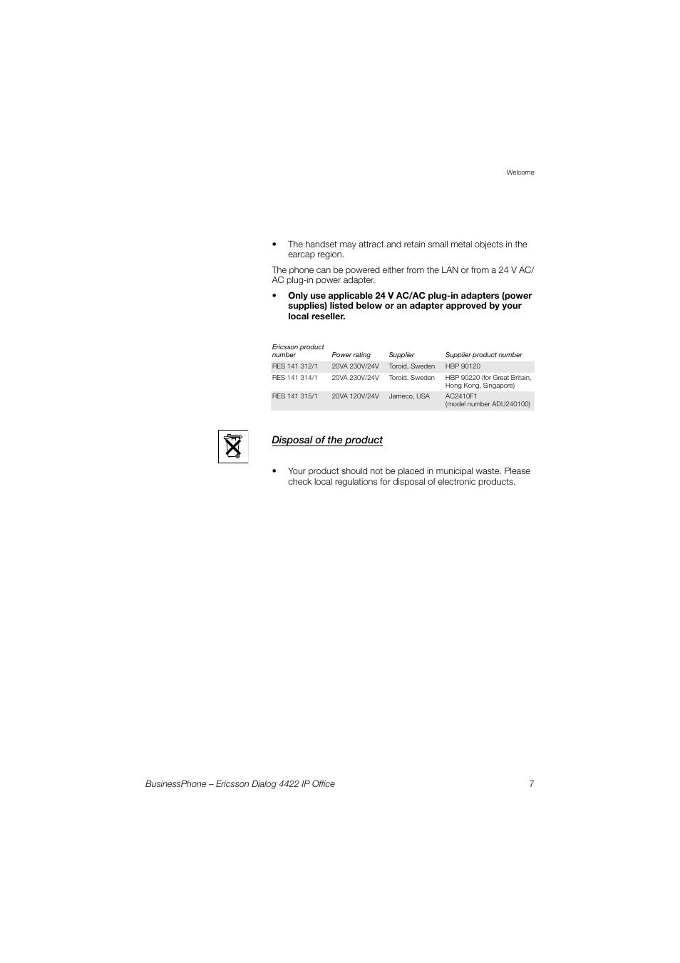 Disposal of the product | Ericsson 4422 User Manual | Page 7 / 128