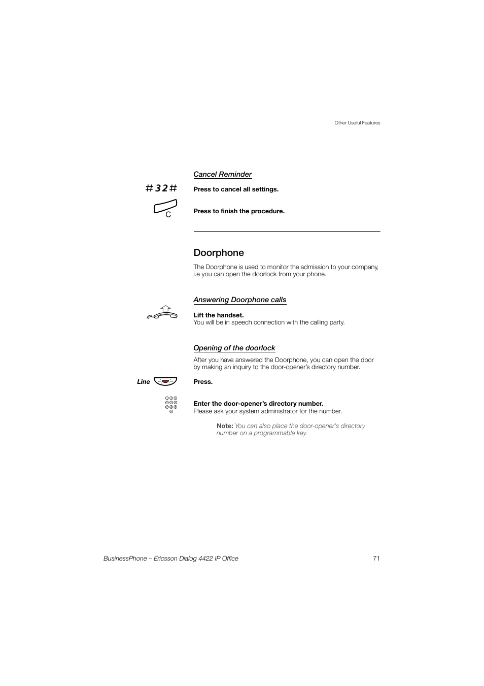 Cancel reminder, Doorphone, Answering doorphone calls | Opening of the doorlock | Ericsson 4422 User Manual | Page 71 / 128