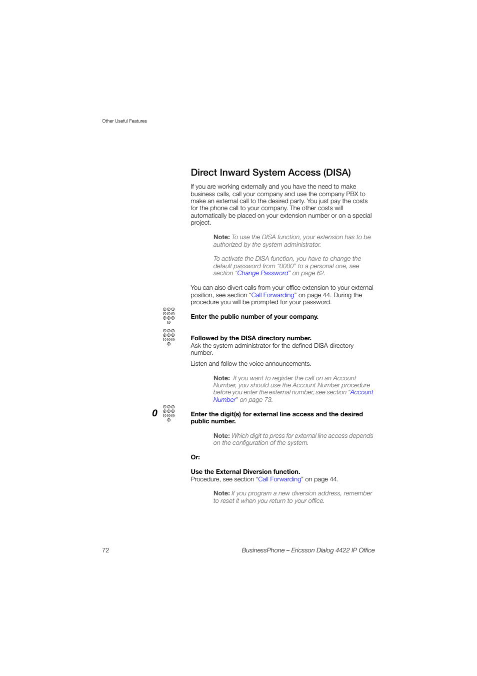 Direct inward system access (disa) | Ericsson 4422 User Manual | Page 72 / 128