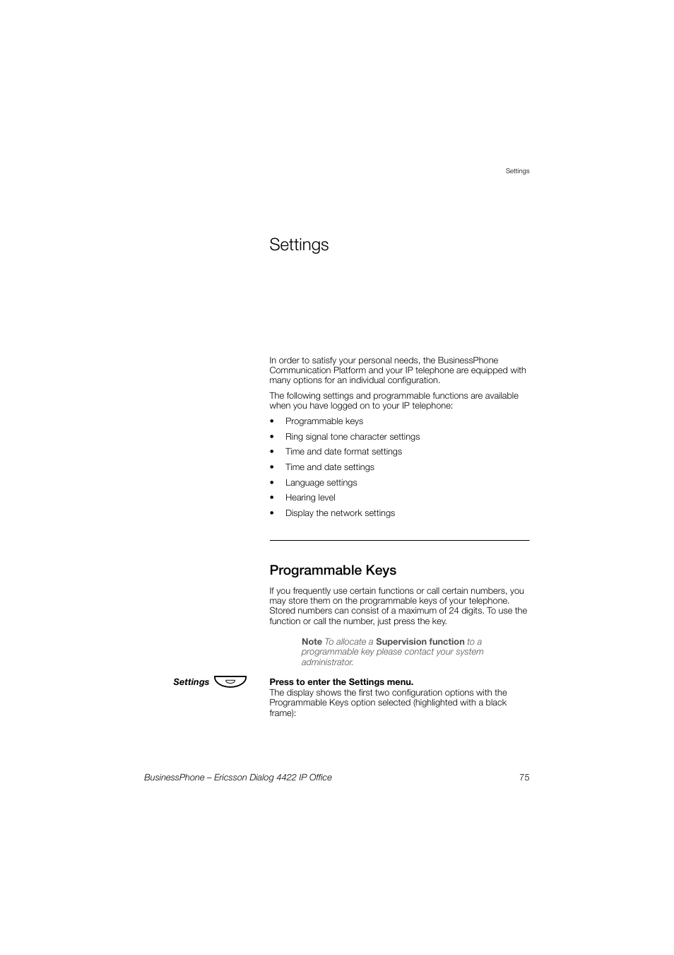 Settings, Programmable keys, Ection | Programmable, Keys | Ericsson 4422 User Manual | Page 75 / 128